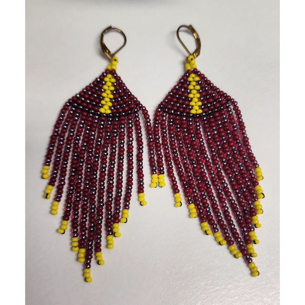 Maroon Yellow Seed Bead Fringe Earrings Chevron Boho Drop.